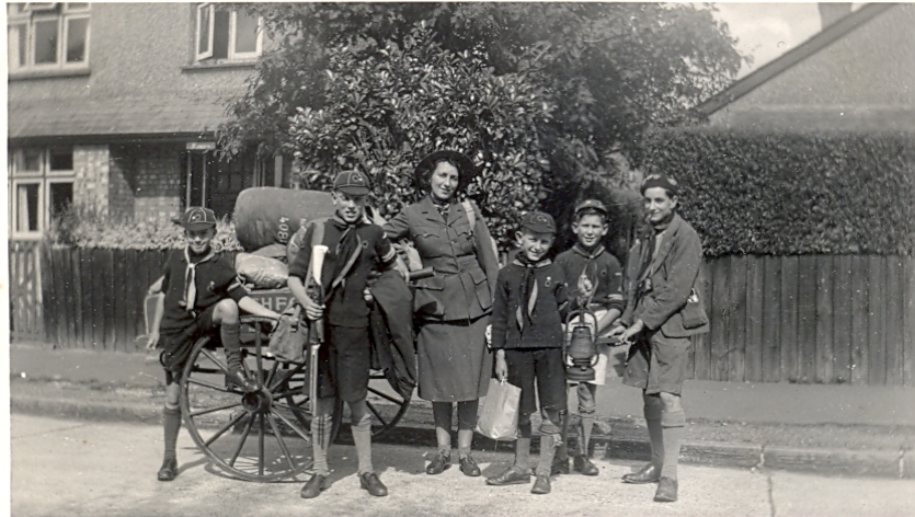 Pam with 8th Ashford's Scout wagon and camping gear.